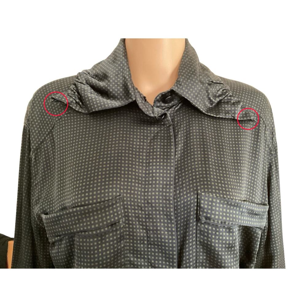 Vintage Escada 100% Silk Button Up Blouse green & black Geometric Print Size XL - Picture 7 of 9